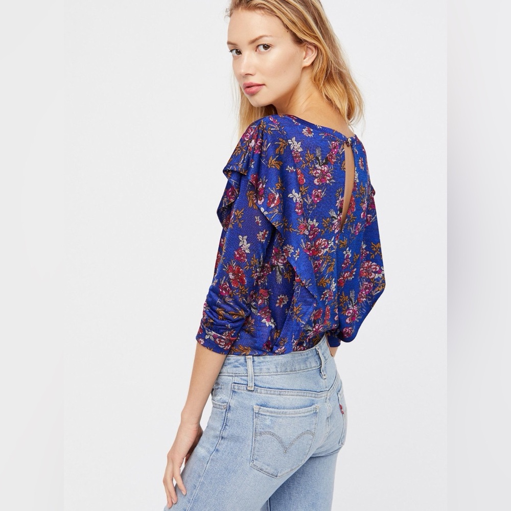 Free People Slinky Floral Ruffle Sleeve Blouse - Picture 3 of 10
